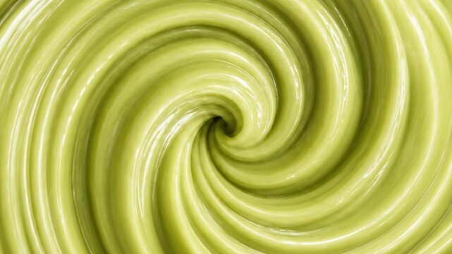 Glossy Pistachio Green Creamy Liquid Swirl with Smooth Spiral Vortex, Thick Velvety Texture and Bright Highlights, Abstract Food Texture Macro Motion Background Vibrant Pistachio Green Cream Flow