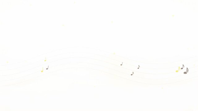 Abstract animation of floating musical notes and golden waves on a clean white background