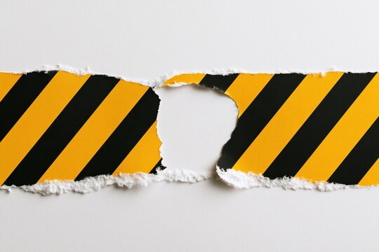 Torn yellow and black hazard warning tape isolated on white background