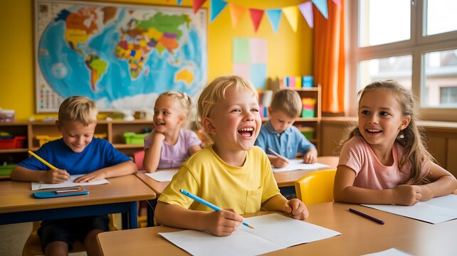 Happy school children studying and smiling together in colorful classroom