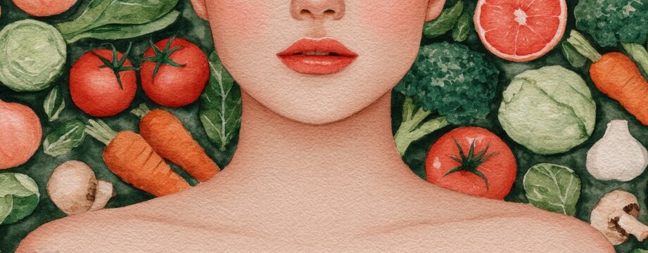 Woman face surrounded by fresh vegetables watercolor illustration representing healthy eating and organic nutrition for wellness and lifestyle design