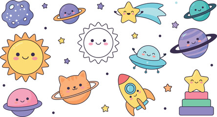 Cute Kawaii Outer Space Galaxy Cartoon Vector Icon Set Featuring Smiley Sun Planets Rocket Ship UFO Comet Asteroid and Cat Planet Characters © SM