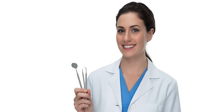 Female doctor holding dental mirror in medical uniform isolated on white background