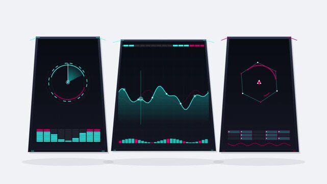 Digital hud interface with animated data charts and graphs for analytics