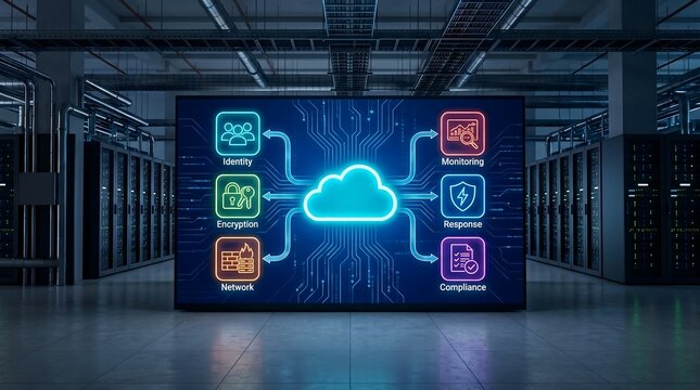 Futuristic cloud computing infrastructure dashboard inside a modern server room