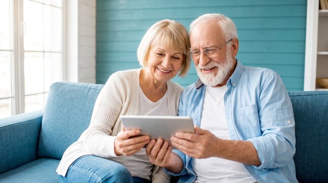 Happy senior couple using a digital tablet computer together on a sofa in a bright living room