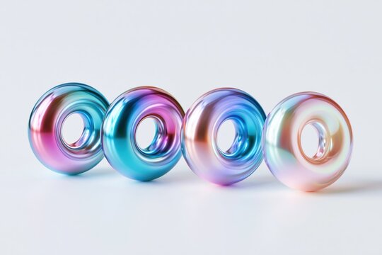 Four iridescent metallic torus shapes isolated on white background