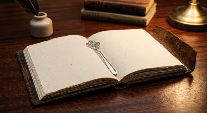 Antique Leather Bound Journal Open to Blank Pages with Ornate Metal Bookmark on a Vintage Wooden Desk
