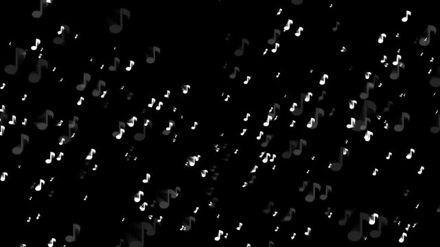 Abstract white musical notes floating and drifting across a black background in seamless motion