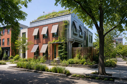 Modern Heat Resilient Urban Townhouse with a Reflective Cool Roof, Exterior Window Shades, Rooftop Garden, Ventilated Facade, Bioswale, and Mature Trees