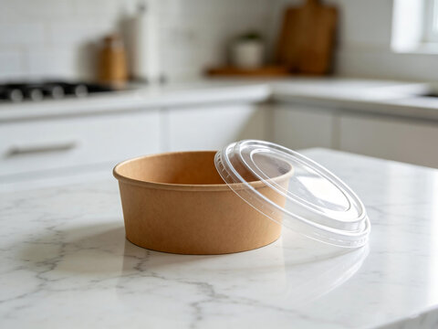 Empty craft paper food bowl with transparent plastic lid on kitchen marble countertop