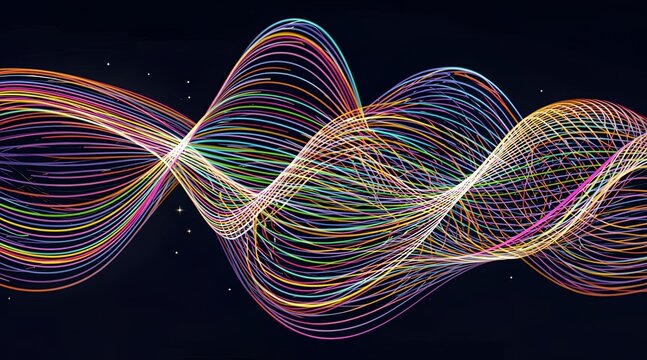 Abstract colorful wave lines on dark background representing energy or sound flow