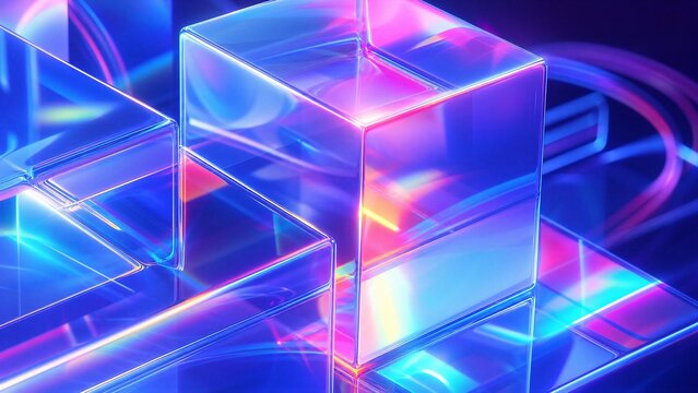 Abstract Crystal Cubes with Iridescent Refraction and Glowing Effects, a Futuristic 3D Rendering of Digital Art Shapes.
