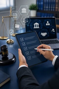 Corporate compliance and regulations concept, businessman checking legal checklist on tablet, law and justice icons, data protection, business ethics, governance strategy.