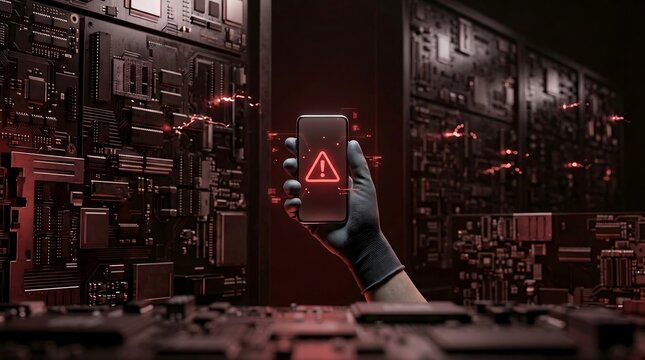 Cybersecurity threat alert warning on smartphone screen in server room