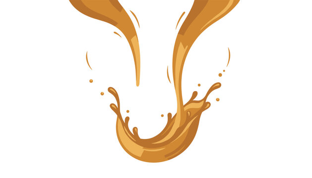 Dynamic splash of glossy brown caramel or hot coffee liquid flowing downwards against a white background.
