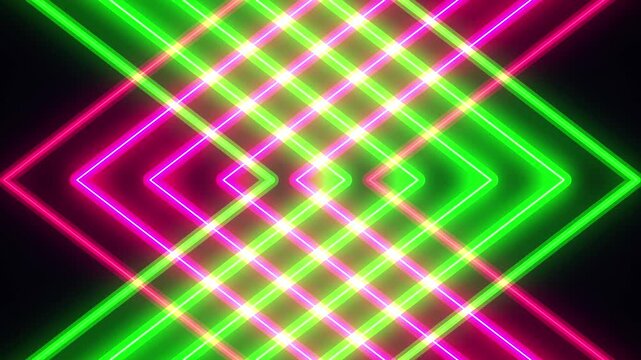 Neon green and pink laser light show with diamond pattern motion