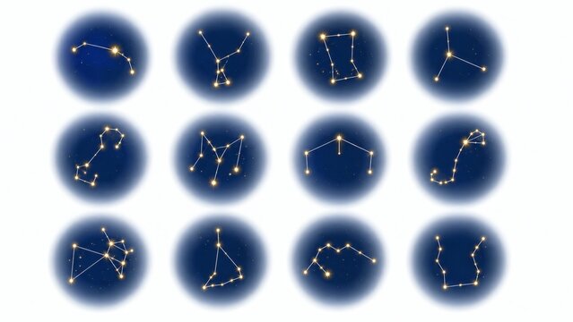 Twelve glowing constellations on deep blue circular backgrounds with soft light effects