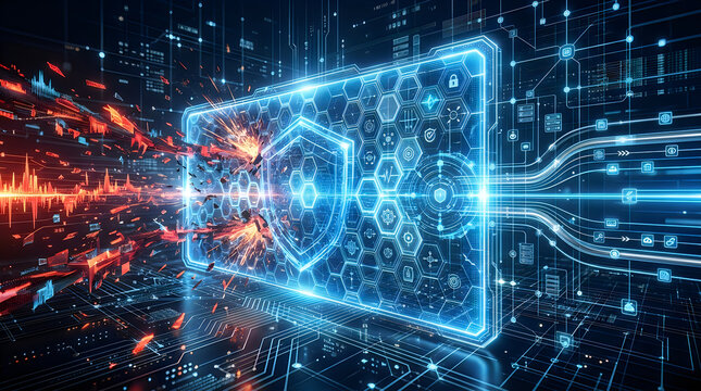 Digital firewall barrier blocking cyber attack with glowing blue network security shield