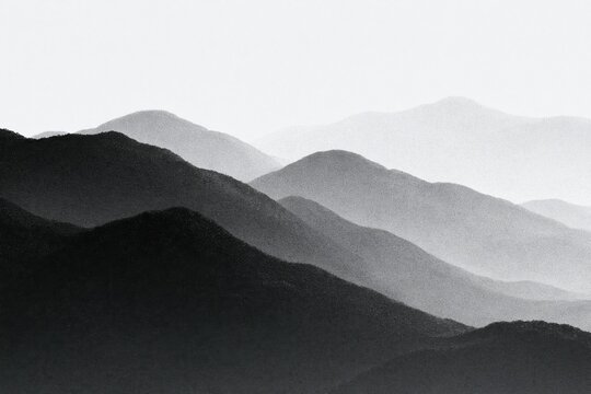 Minimalist black and white landscape with layered mountain silhouettes