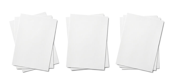 Three stacks of blank white A4 paper isolated on transparent background. Top view mockup of fanned pages with copy space for office documents, business, or design presentations.
