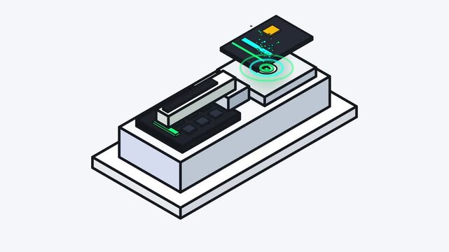 Isometric animation of a futuristic card reader processing payments