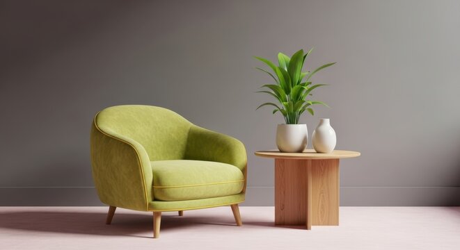 Minimalist green armchair interior background