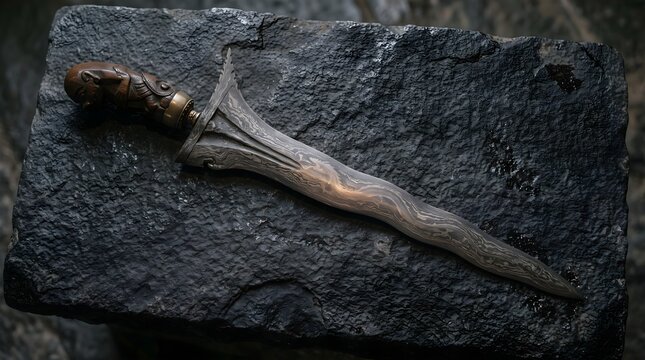 Detailed keris heritage object with subtle dragon-inspired reflection and forged metal texture, designed for museum education, cultural tourism, heritage publishing.