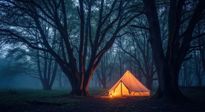 Mystical forest camping tent background
