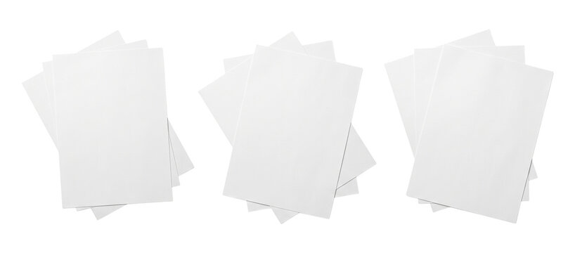 Three scattered piles of blank white A4 paper isolated on transparent background. Top view mockup of fanned pages with copy space for office documents, business files, or print design presentations.