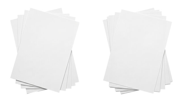 Two stacks of blank white A4 paper isolated on transparent background. Top view mockup of fanned pages with copy space for office, business, or design presentation.
