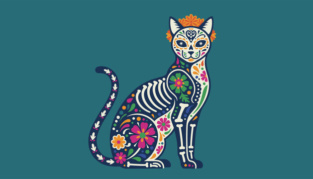 Beautiful day of the dead style cat skeleton illustration decorated with colorful flowers on a dark blue background.