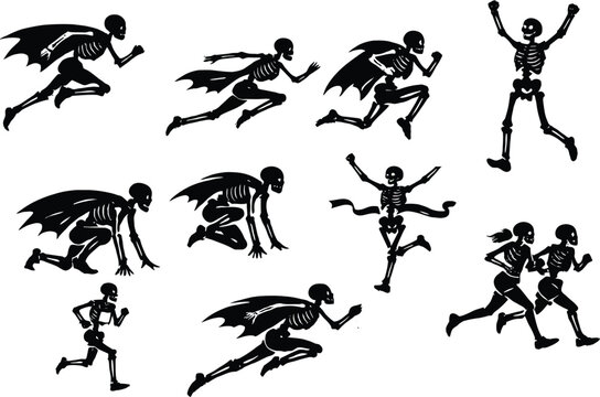 Skeleton superhero runner set black vector silhouettes