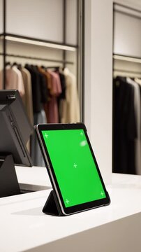 Digital Tablet with Green Screen Display Standing on a Retail Store Checkout Counter for Payment and Sales Processing