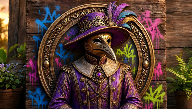 ornate steampunk plague doctor portrait with feathered hat gears and gothic fantasy details in vintage medallion frame
