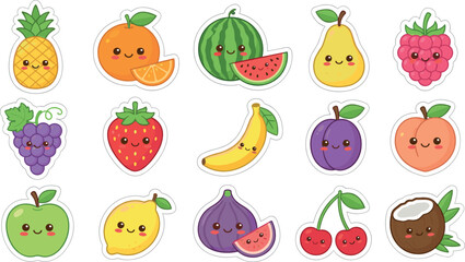 Fototapeta premium Cute Kawaii Fruits Cartoon Sticker Vector Icon Set Featuring Watermelon, Strawberry, Banana, Pineapple, Orange, and Fresh Summer Fruit Elements for Kids