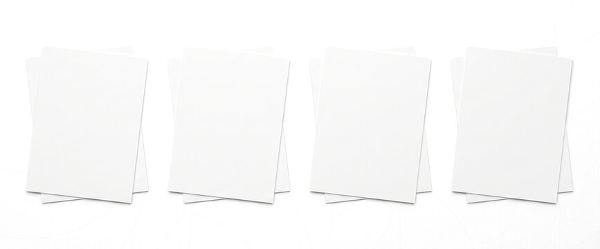 Four stacks of blank white A4 paper arranged horizontally in a row on a transparent background. Top view fanned mockup with copy space for office documents, business reports, or print design.