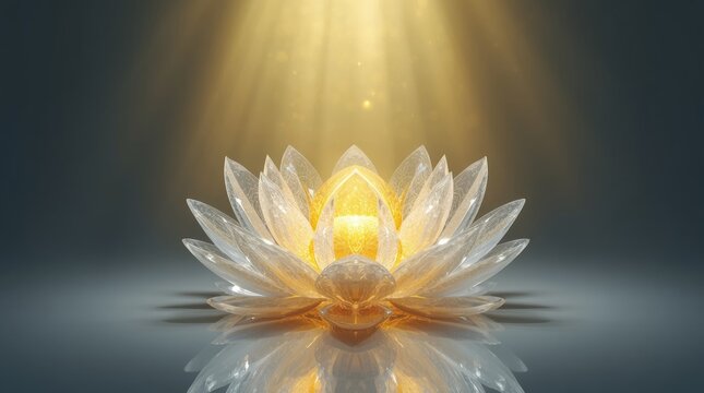 Crystal lotus blossom radiating divine golden light in serene digital space with showcases luminous