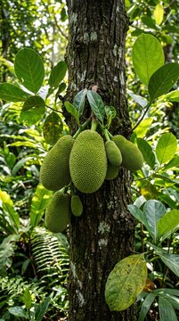 Green jackfruits growing directly from trunk tropical tree lush vegetation humid forest natural unique species