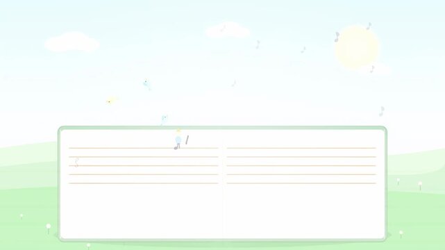 Cute 2D Animation of Tiny Characters Walking Across an Open Notebook in a Sunny Field
