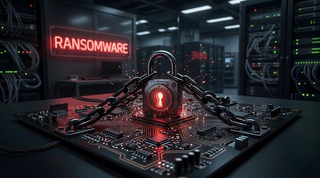 Cyber attack ransomware security breach with locked server circuit board
