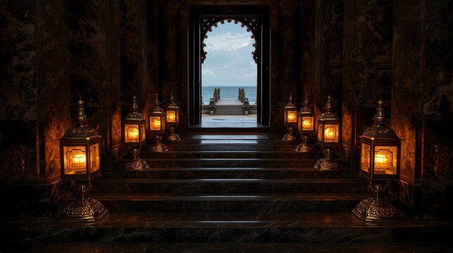 Elegant brass lanterns illuminating grand marble steps toward ocean view with lining grand staircase