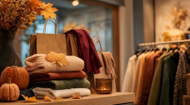 halloween fashion shopping display with autumn clothing and seasonal decorations