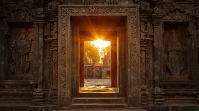Ancient intricately carved stone doorway framed by sacred relief sculptures bathed in golden