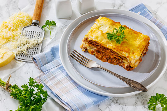 Beef lasagna slice with ground meat, pasta sheets