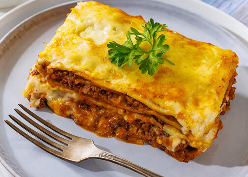 Beef lasagna slice with ground meat, pasta sheets