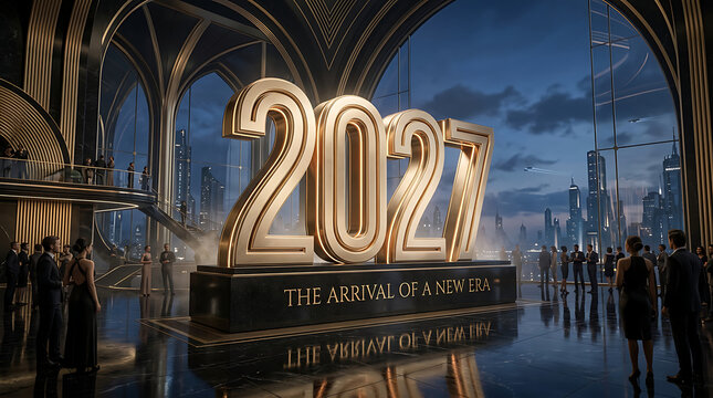 Golden numerals displaying two thousand twenty seven stand prominently within a futuristic architectural setting
