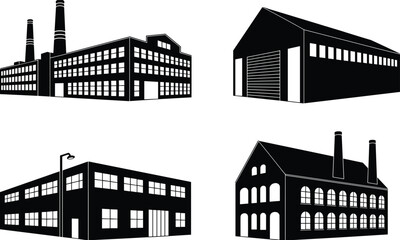 Fototapeta premium Industrial Factory and Warehouse Building Silhouettes Collection Isolated on White Background, Manufacturing Plant Black Shadow Architecture Illustration Set
