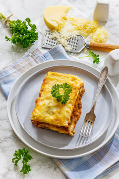 Beef lasagna slice with ground meat, pasta sheets