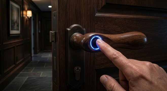 Finger presses a glowing blue biometric fingerprint scanner integrated into a wooden door handle for secure keyless entry